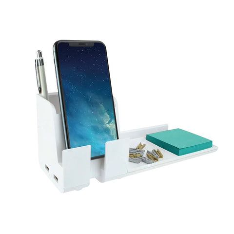 Organisateur bureau support téléphone USB blanc