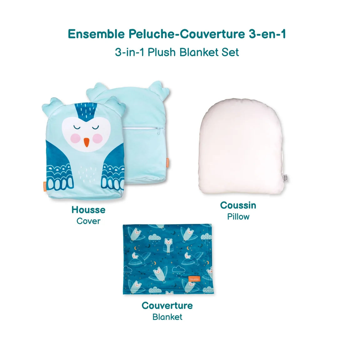 ENSEMBLE PELUCHE COUVERTURE 3-EN-1 - HIBOU