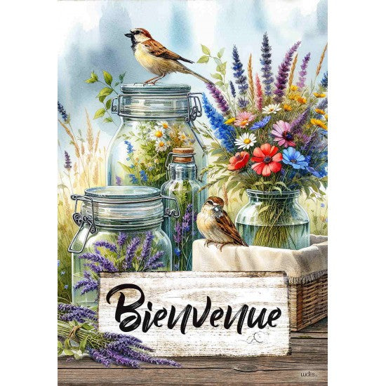DRAPEAU 28X40"- BIENVENUE OISEAU & FLEUR POT MASSON