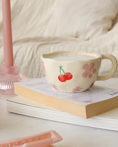 TASSE CERAMIQUE CERISES ET FLEURS 8OZ