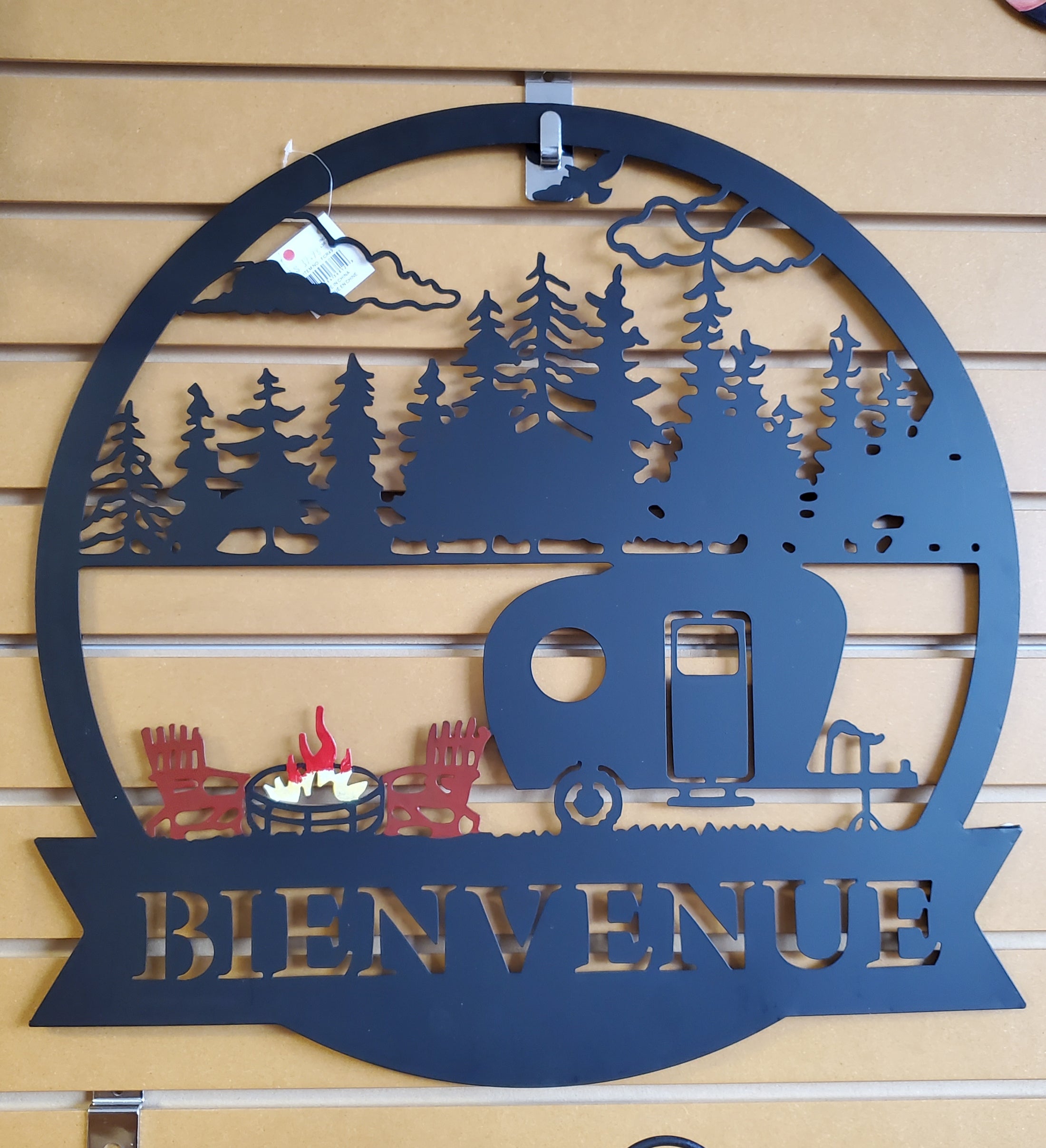 PLAQUE MUR BIENVENUE CAMPING 20" METAL NOIR