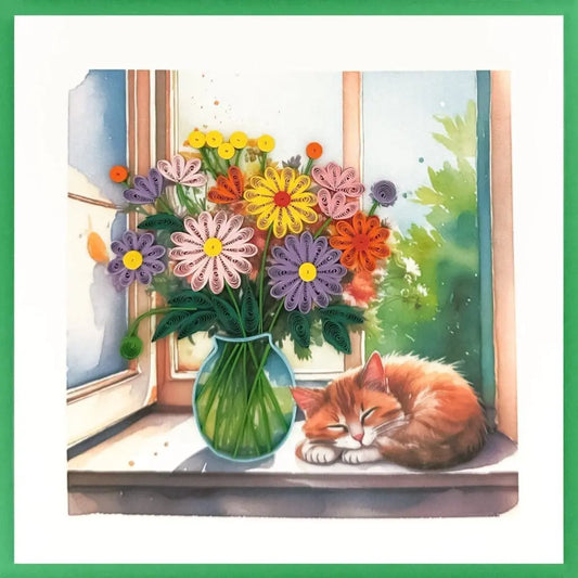 CARTE DE SOUHAIT : VASE FLEURS FENETRE