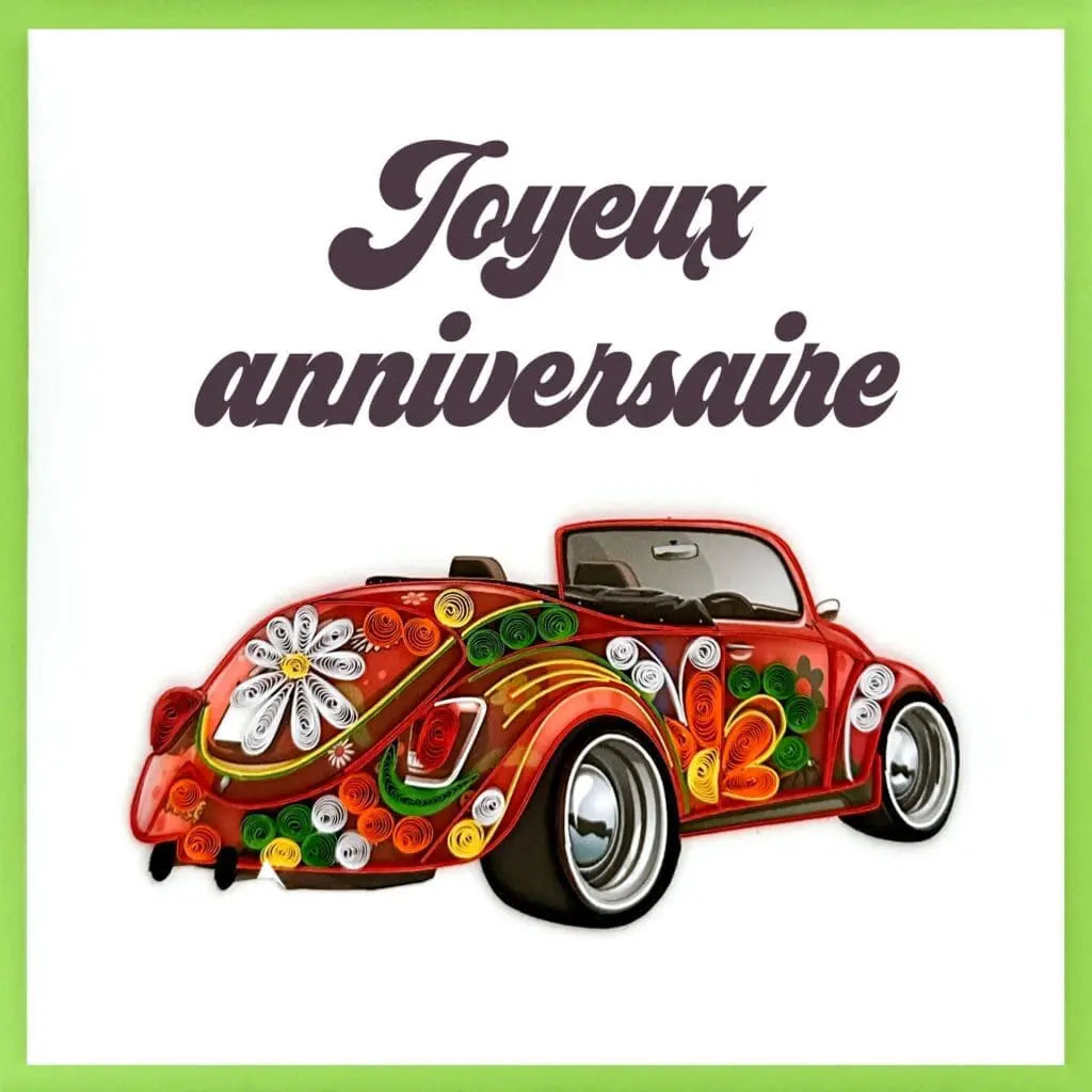 CARTE DE SOUHAIT : VOITURE A FLEURS
