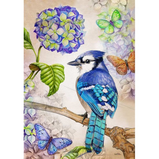 DRAPEAU MINI -12 X18"  GEAI BLEU & HYDRANGEE