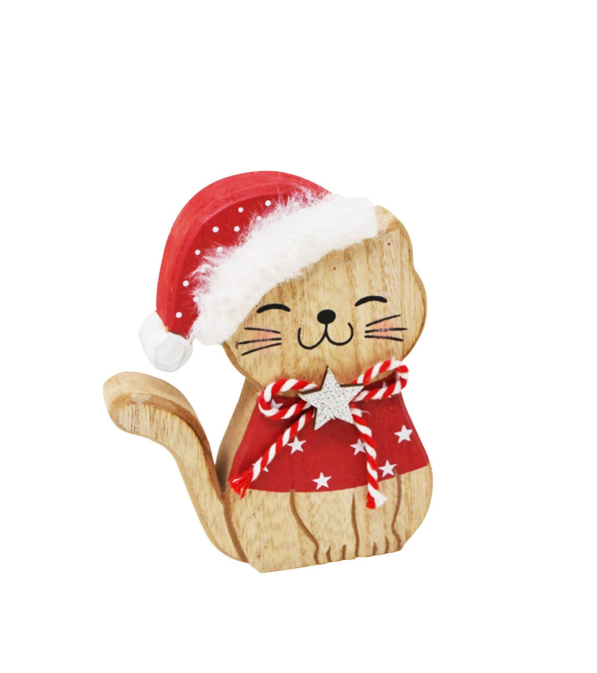DECORATION CHAT DE NOEL  ROUGE & NATUREL  4 X 5"