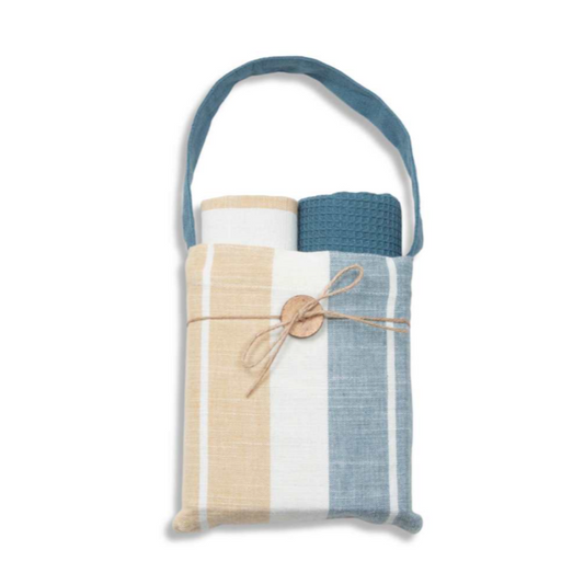 ENSEMBLE LINGE VAISSELLE & POCHETTE BLEU/TAN 3PCS