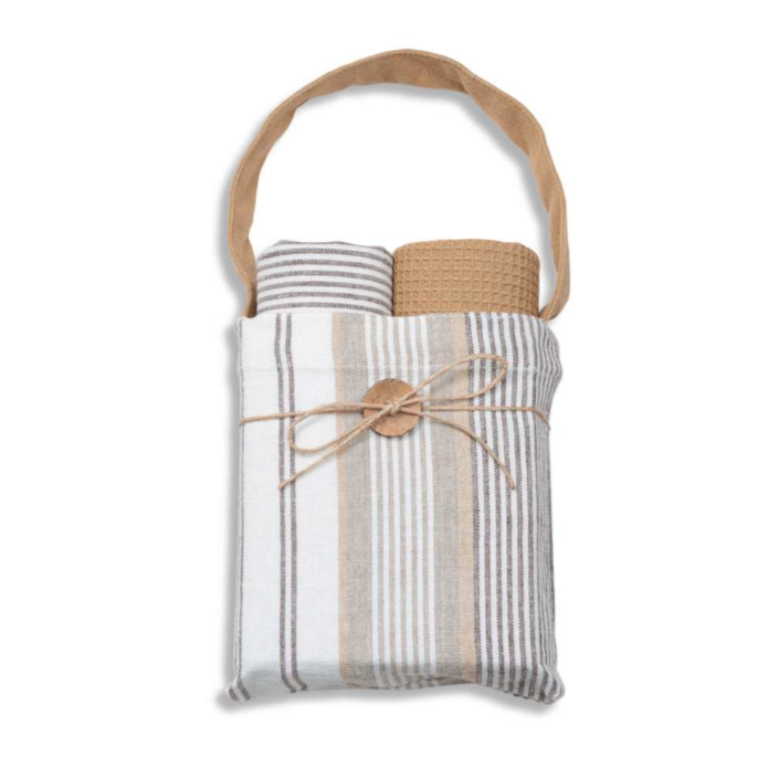 ENSEMBLE LINGE VAISSELLE & POCHETTE RAYÉ BEIGE 3PCS