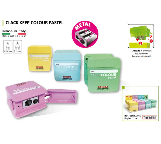 TAILLE-CRAYON DOUBLE EN MÉTAL DE COULEUR PASTEL ASST.