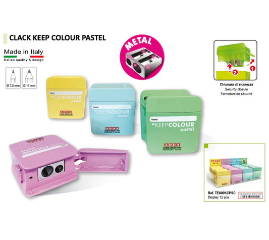 TAILLE-CRAYON DOUBLE EN MÉTAL DE COULEUR PASTEL ASST.