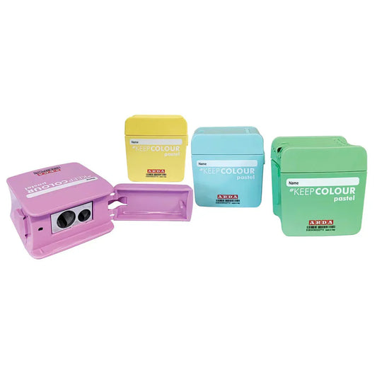 TAILLE-CRAYON DOUBLE EN MÉTAL DE COULEUR PASTEL ASST.