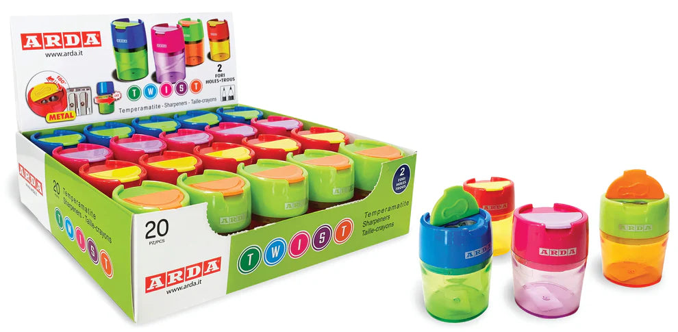 TAILLE-CRAYONS DOUBLE MÉTAL TWIST AVEC COUVERCLE – COULEURS ASST.