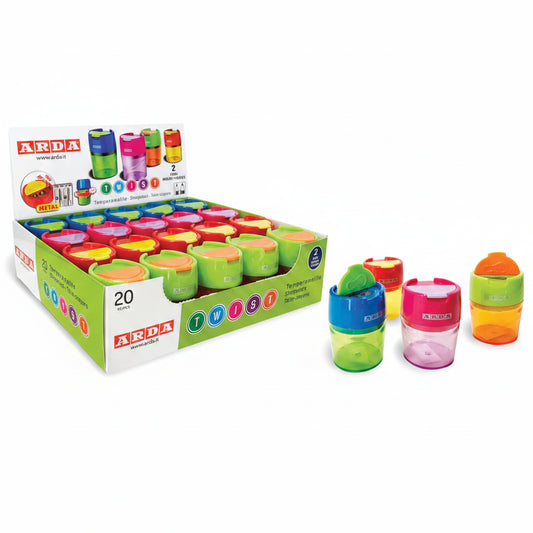 TAILLE-CRAYONS DOUBLE MÉTAL TWIST AVEC COUVERCLE – COULEURS ASST.