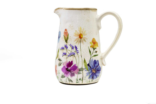 PICHET CERAMIQUE 7 X 7.5" BLANC AVEC FLEUR