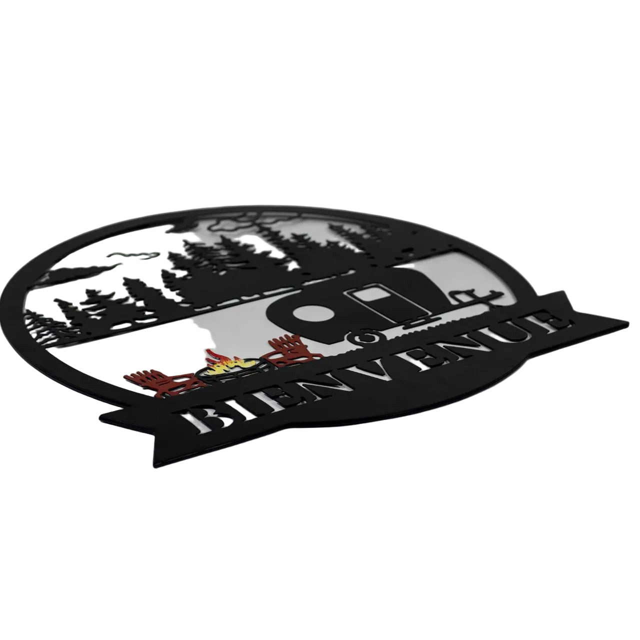 PLAQUE MUR BIENVENUE CAMPING 20" METAL NOIR