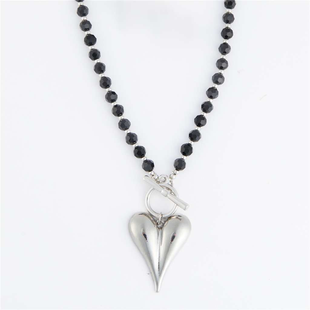 COLLIER BILLE NOIR PENDENTIF COEUR ARGENT