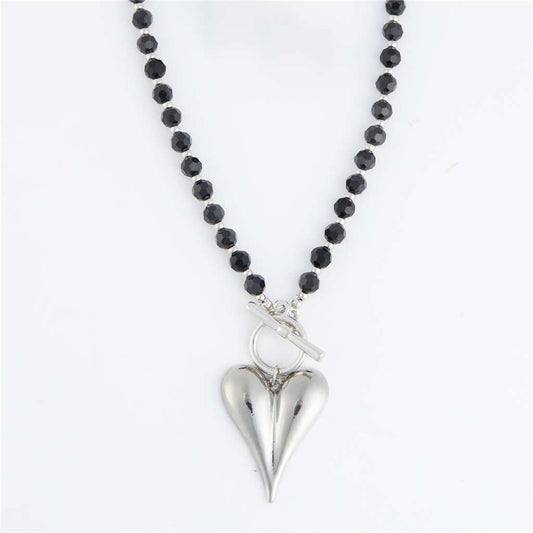 COLLIER BILLE NOIR PENDENTIF COEUR ARGENT
