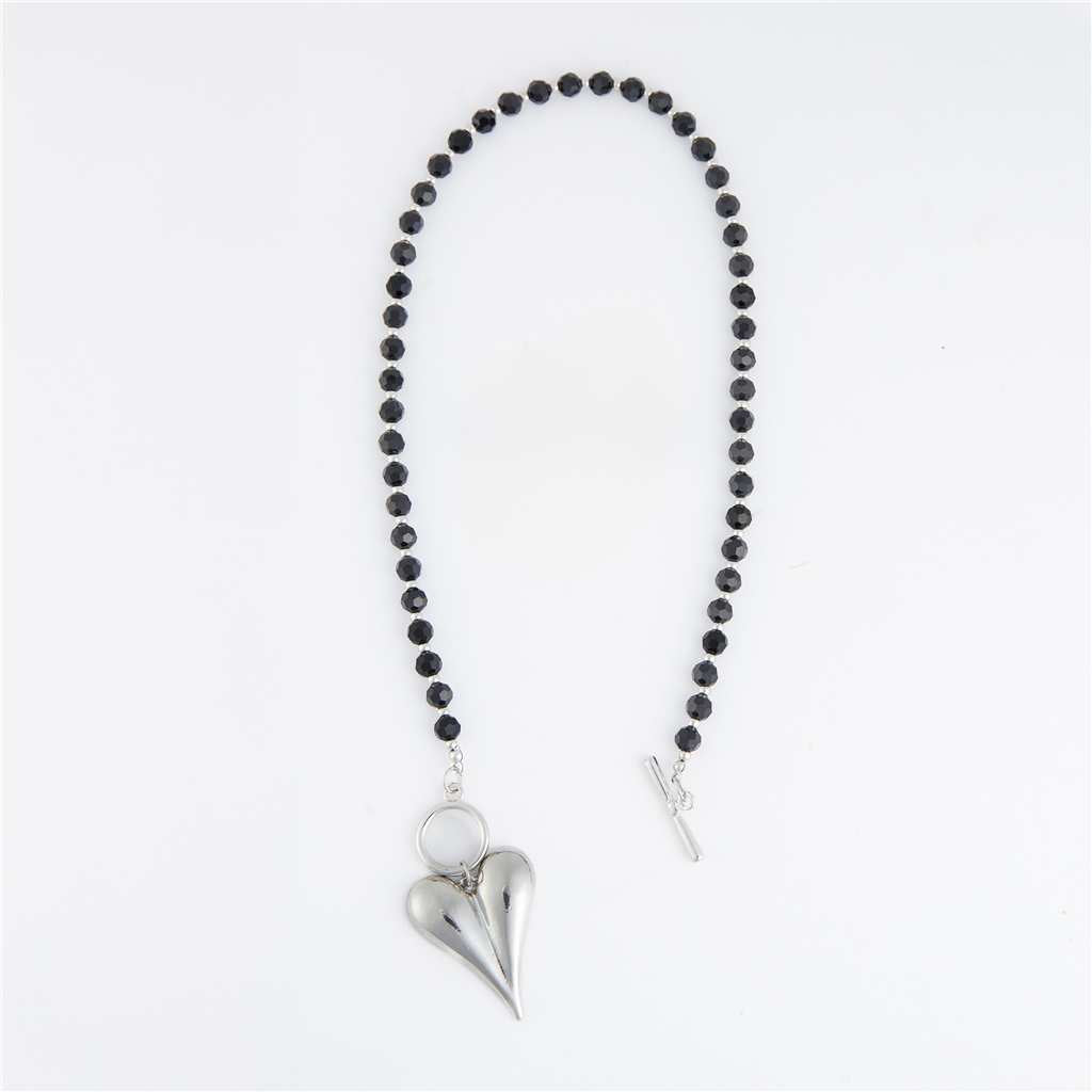 COLLIER BILLE NOIR PENDENTIF COEUR ARGENT