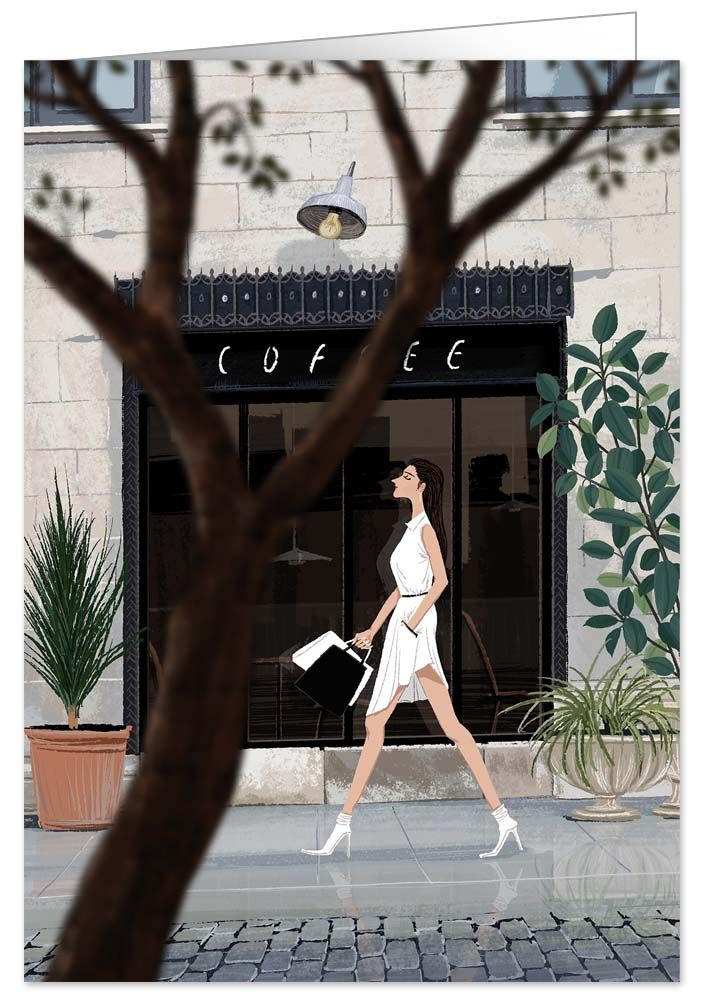 CARTE DE SOUHAIT DAME EN BLANC DEVANT SALON CAFE