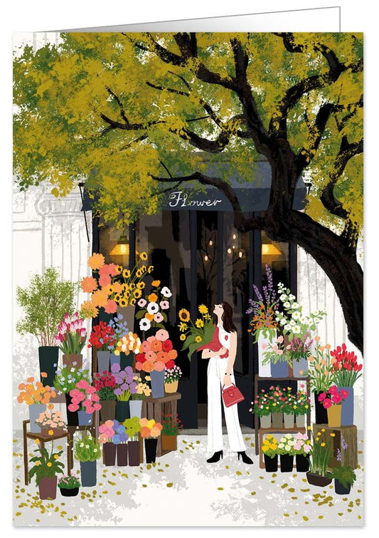 CARTE DE SOUHAIT - DAME AU MAGASIN DE FLEURS
