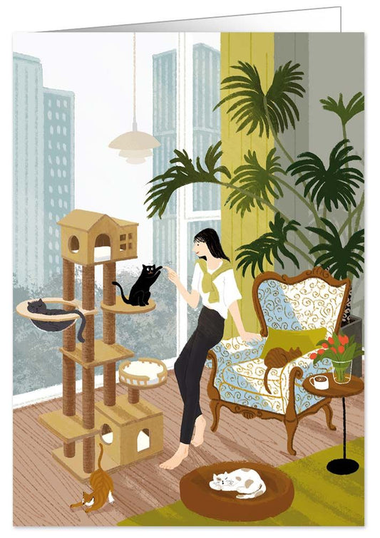 CARTE DE SOUHAIT - DAME AU SALON ARBRE A CHATS