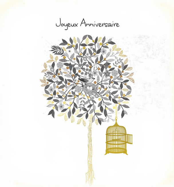 CARTE DE SOUHAIT - JOYEUX ANNIVERSAIRE ARBRE & OISEAU NOIR & OR
