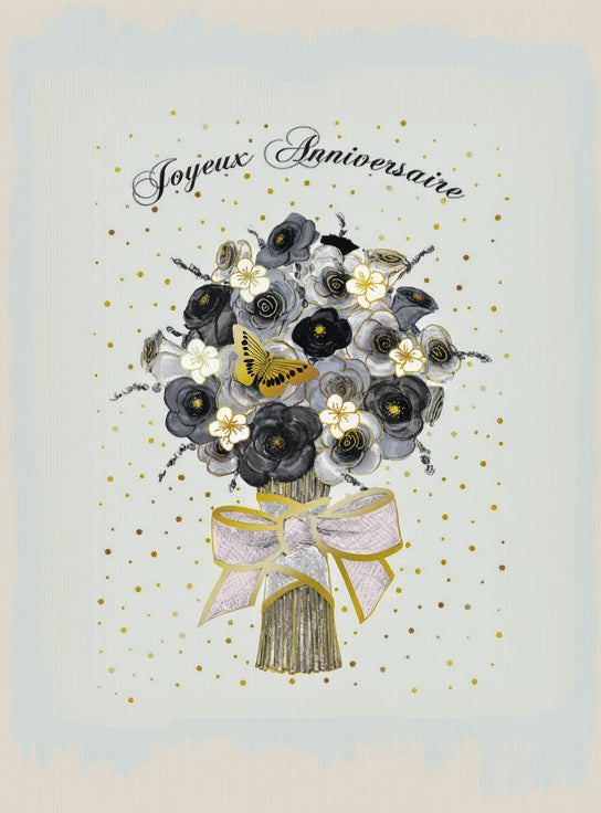 CARTE DE  SOUHAIT - JOYEUX  ANNIVERSAIRE BOUQUET FLEURS NOIR & OR