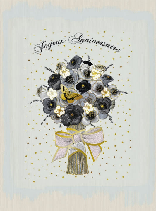 CARTE DE  SOUHAIT - JOYEUX  ANNIVERSAIRE BOUQUET FLEURS NOIR & OR