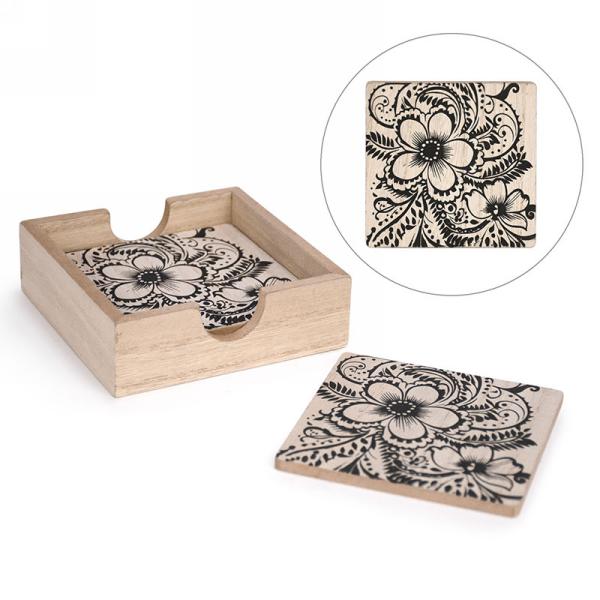 ENSEMBLE SOUS-VERRE FLORAL NOIR & NATUREL - 4PCS