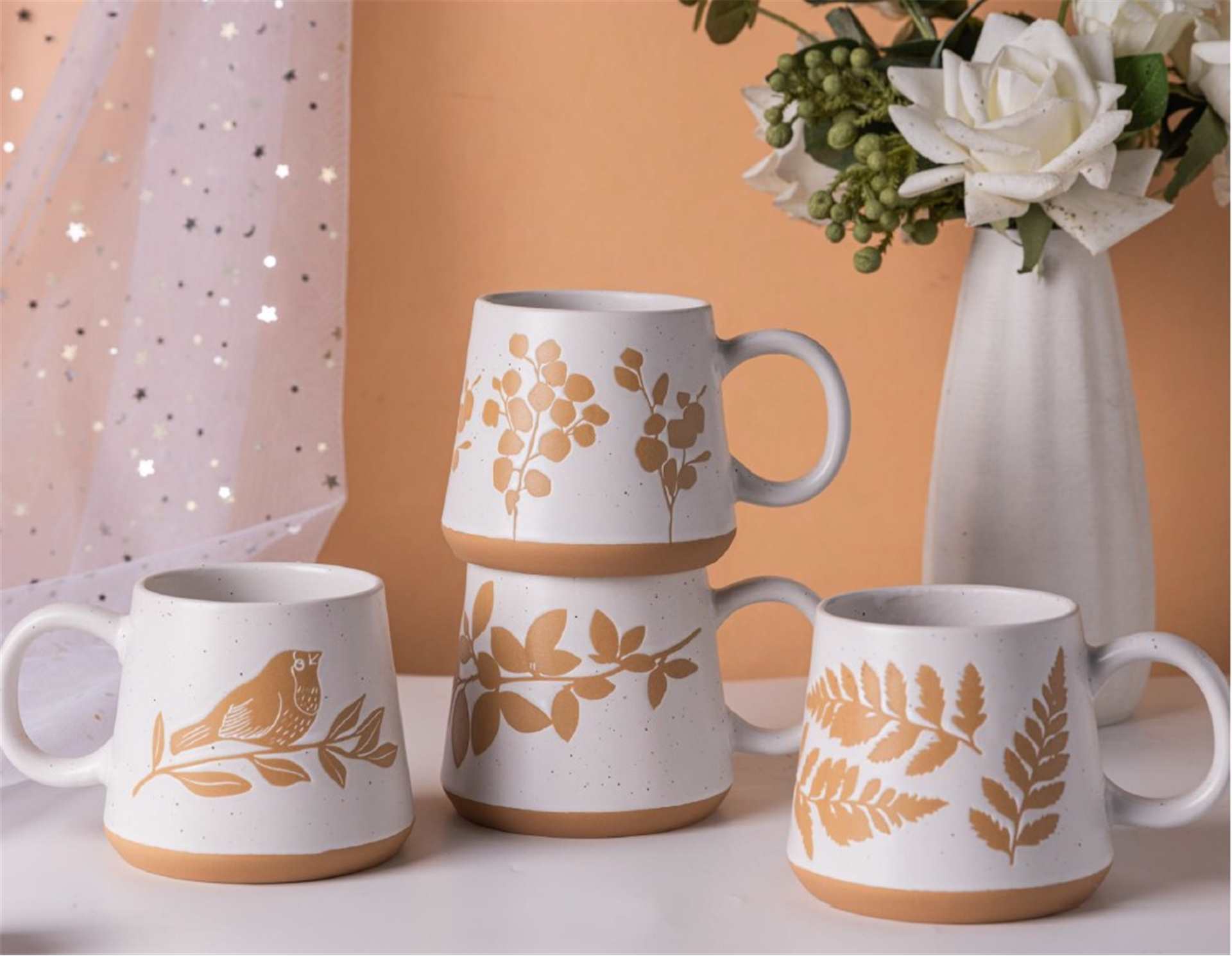 TASSE EN GRES 14 oz FLORALE/OISEAU 4CHX