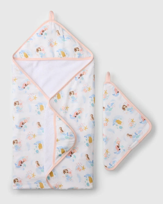 Ens Serviette à Capuchon + gant de toilette - Sirène