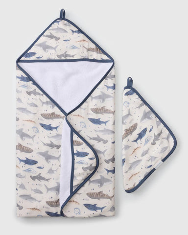 Ens Serviette à Capuchon + gant de toilette - Requin