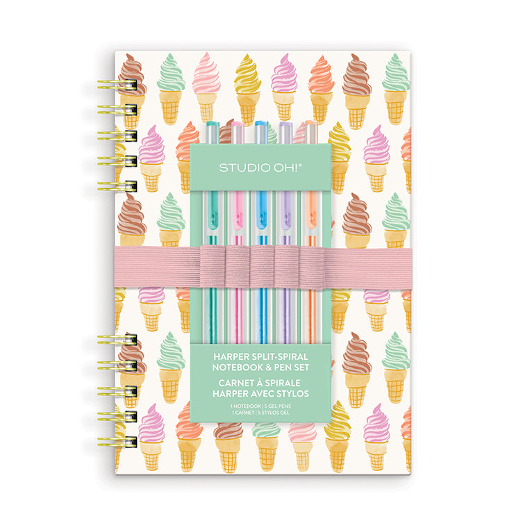 Ensemble 5-Stylos et cahier spirale Cornet crème glacée