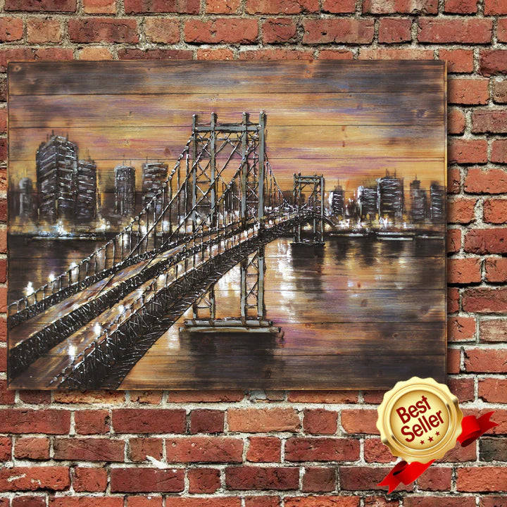 PEINTURE HUILE BOIS 36X48"PONT MANHATTAN"