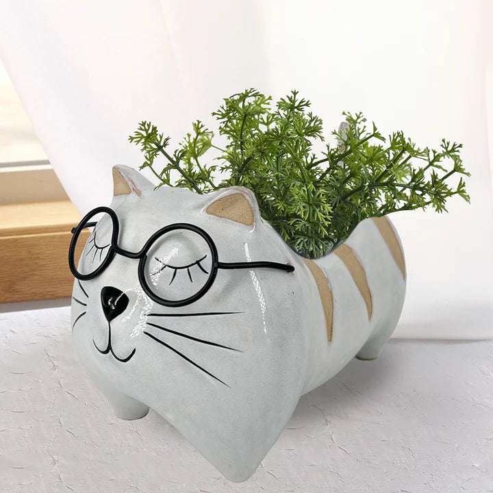 POT CERAM CHAT BLANC & LUNETTE 5 X 8-½ X5-½"