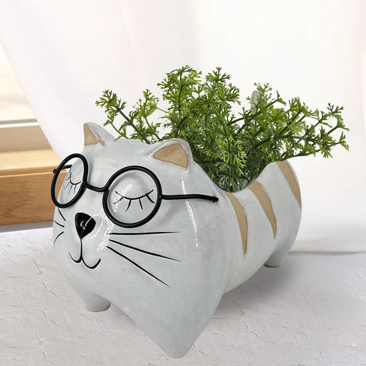 POT CERAM CHAT BLANC & LUNETTE 5 X 8-½ X5-½"