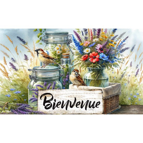 TAPIS 30 X 18"-  BIENVENUE OISEAU & FLEUR POT MASSON