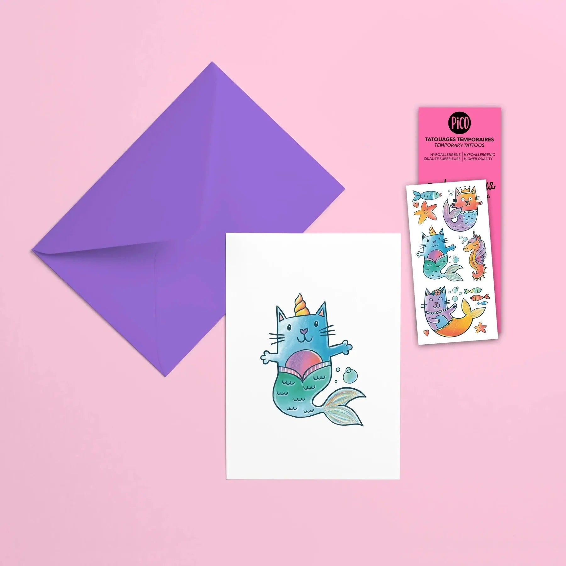 CARTE DE SOUHAIT + TATOOS -  LES CHAT SIRENES