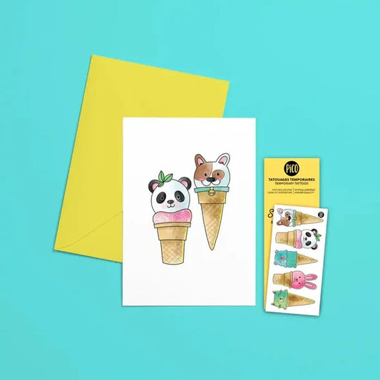 CARTE DE SOUHAIT + TATOOS -   CORNET ANIMAUX