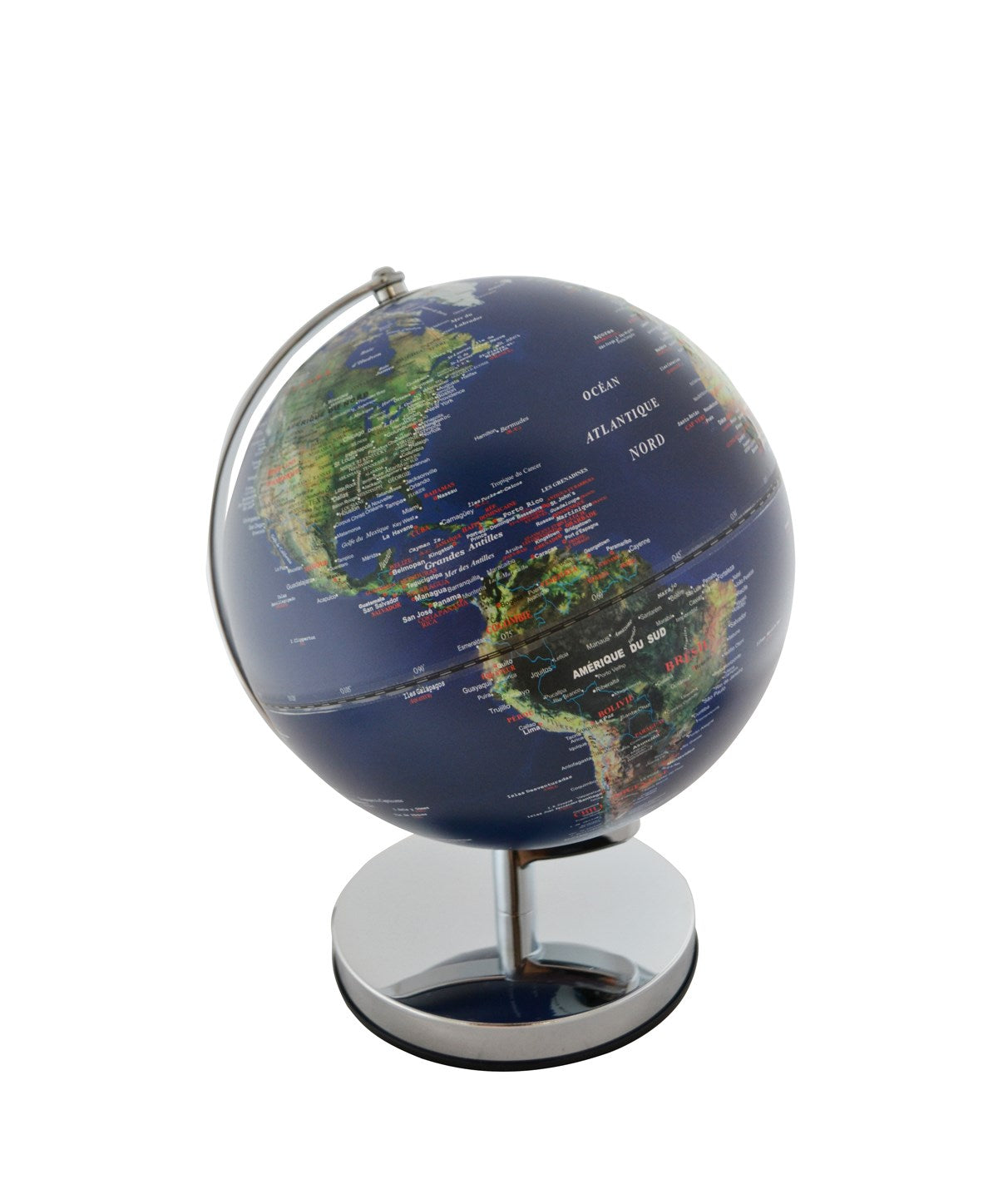 GLOBE TERRESTRE LUMINEUX  10" BASE ARGENT BLEU