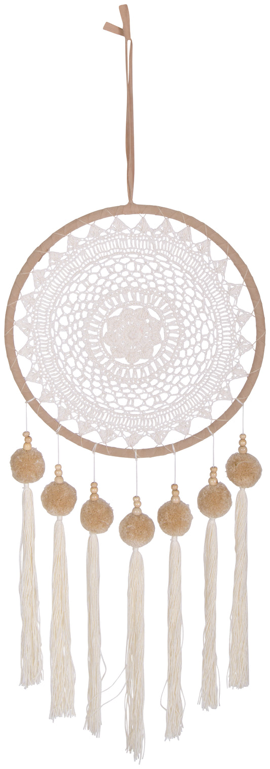 CAPTEUR DE RÊVES -  BRODERIE ET POMPONS CRÈME
