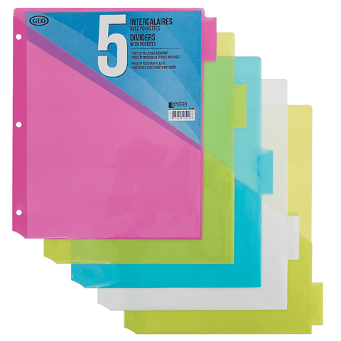 SCOLAIRE PAPETERIE - INTERCALAIRES AVEC POCHETTES  5 ONGLETS PLASTIQUE