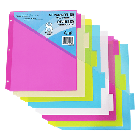 SCOLAIRE PAPETERIE - INTERCALAIRES AVEC POCHETTES 8 ONGLETS PLASTIQUE