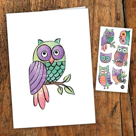 CARTE DE SOUHAIT + TATOOS - CHOUETTE HIBOU