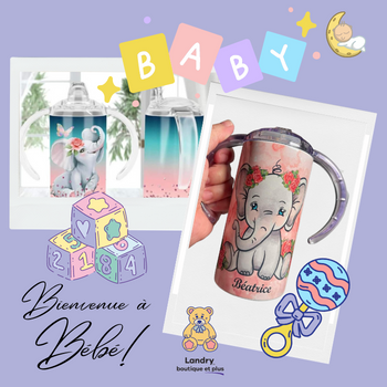 TI-DREY CRÉATION - VERRE ISOLANT POUR ENFANT ÉLÉPHANT BLEU&ROSE